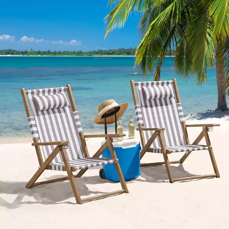 Chaises de plage pliantes en bois résistant aux intempéries avec sangles de transport et dossier inclinable