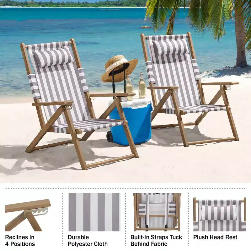 Chaises de plage pliantes en bois résistant aux intempéries avec sangles de transport et dossier inclinable
