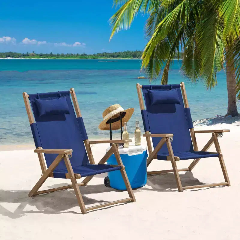 Outdoor Weather-Resistant Wood Folding Beach Chairs with Carry Straps and Reclining Seat