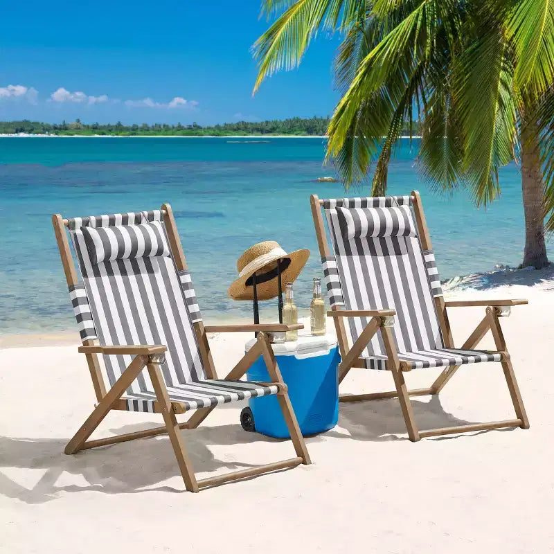 Chaises de plage pliantes en bois résistant aux intempéries avec sangles de transport et dossier inclinable
