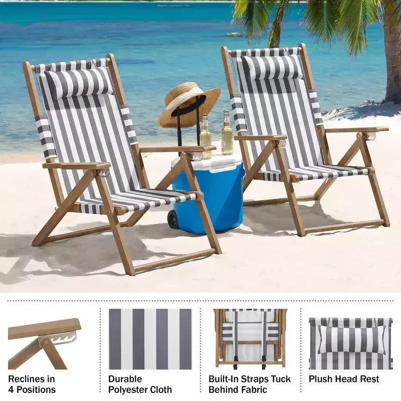 Chaises de plage pliantes en bois résistant aux intempéries avec sangles de transport et dossier inclinable