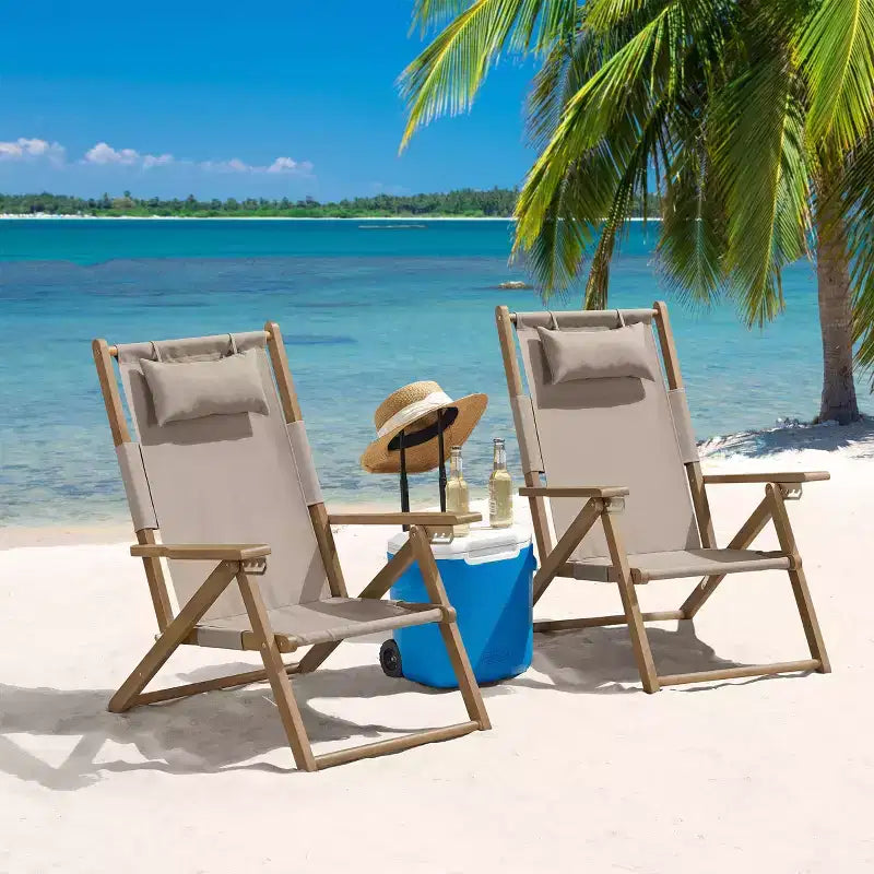 Chaises de plage pliantes en bois résistant aux intempéries avec sangles de transport et dossier inclinable