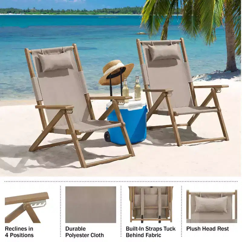 Chaises de plage pliantes en bois résistant aux intempéries avec sangles de transport et dossier inclinable