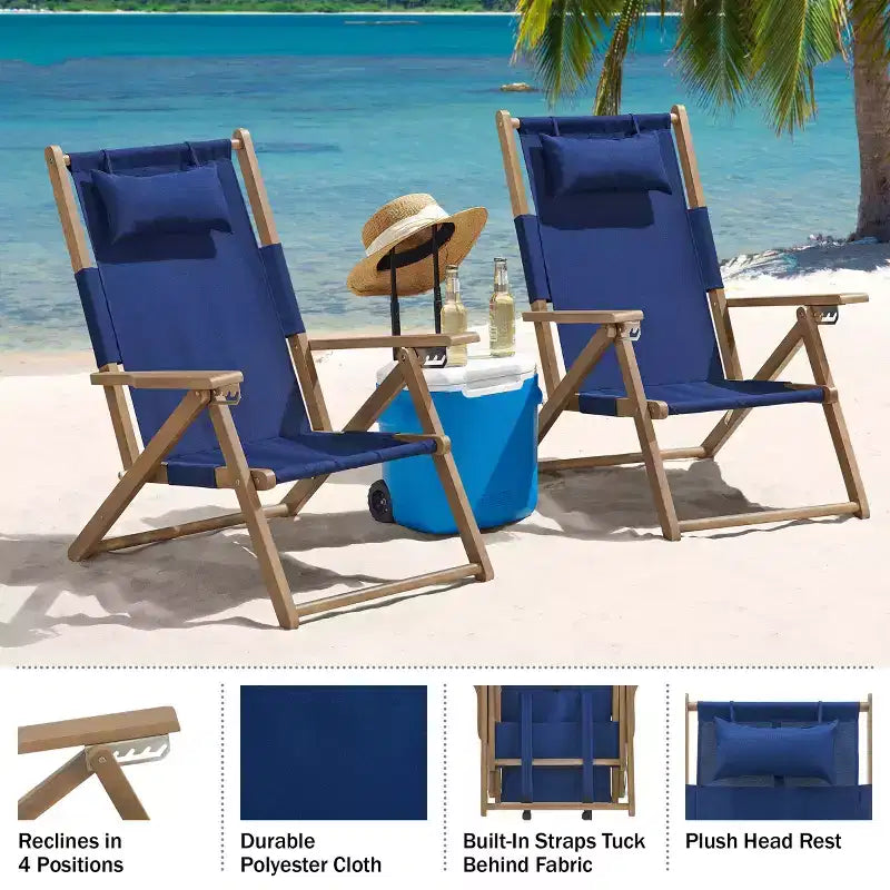 Outdoor Weather-Resistant Wood Folding Beach Chairs with Carry Straps and Reclining Seat