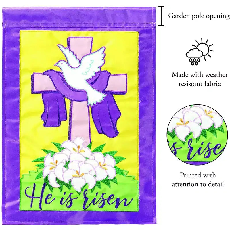 Drapeau d'extérieur suspendu en polyester violet Magnolia Garden He Is Risen 13 x 19