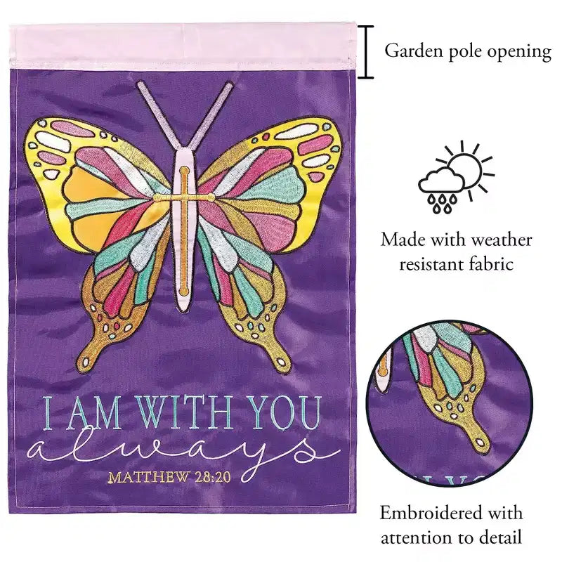 Am With Your Always Purple Butterfly Drapeau de jardin suspendu d'extérieur en polyester brodé 13 x 18