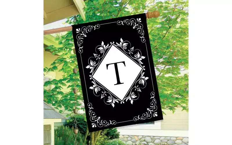 Drapeau de maison double face 40x28 pour l'extérieur, drapeau de maison Monogramme T noir et blanc