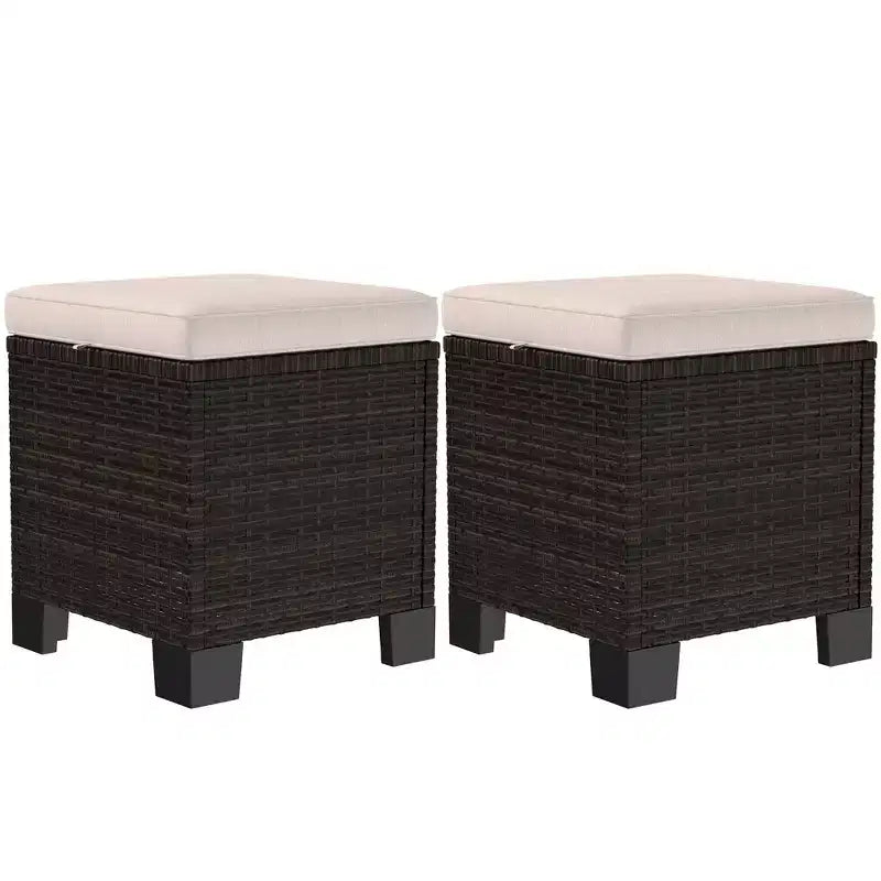Poufs d'extérieur en osier avec coussins, siège ottoman en rotin PE, repose-pieds et table d'appoint pour jardin, piscine