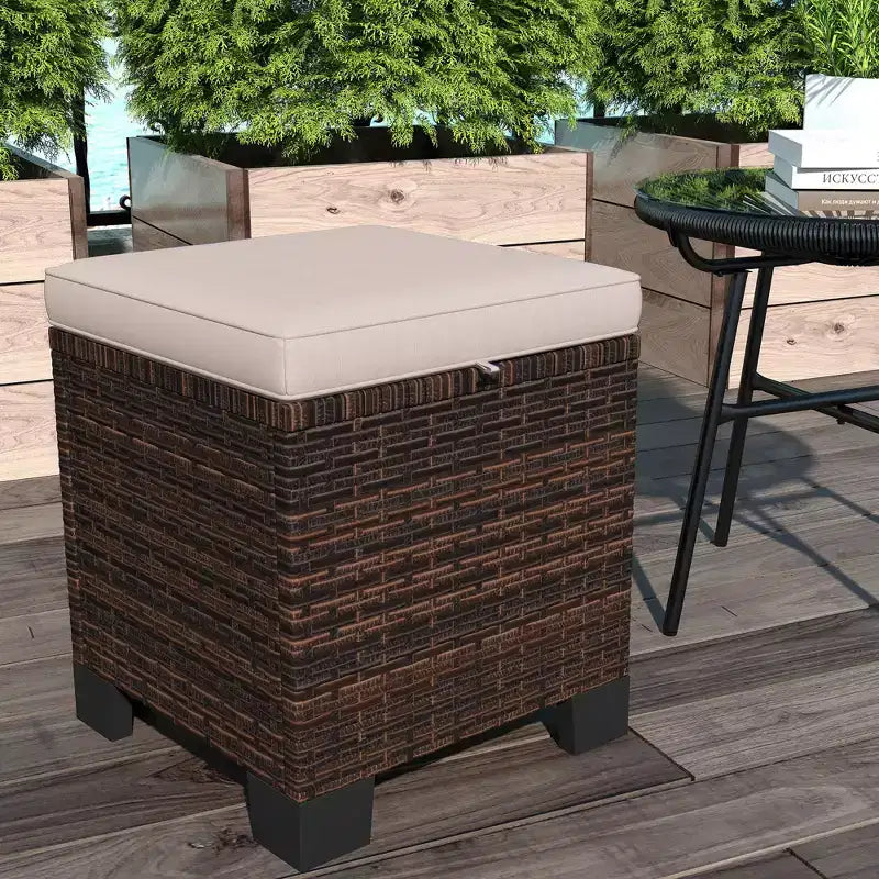 Poufs d'extérieur en osier avec coussins, siège ottoman en rotin PE, repose-pieds et table d'appoint pour jardin, piscine