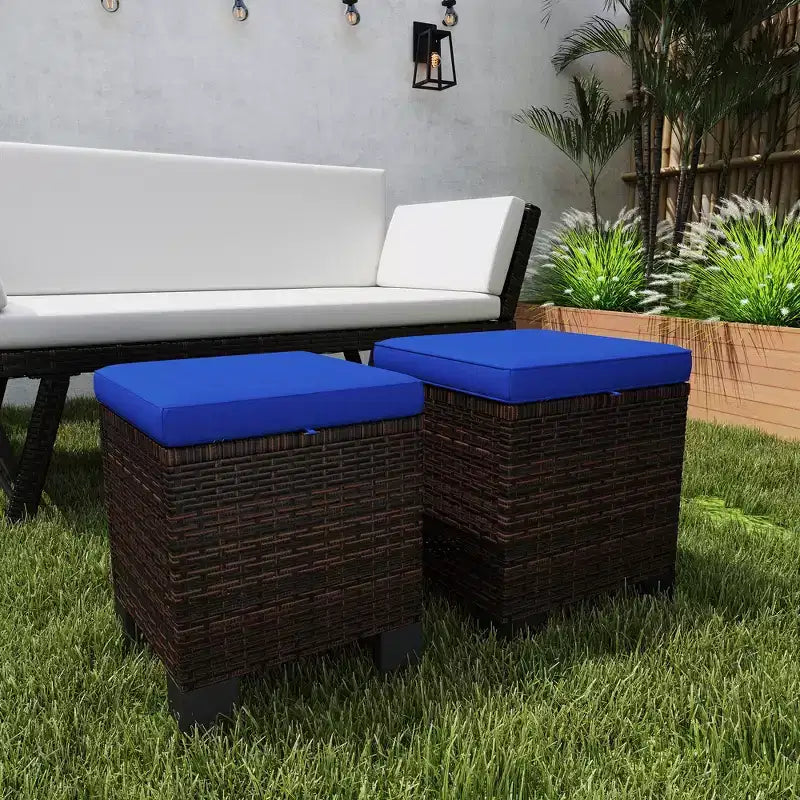 Poufs d'extérieur en osier avec coussins, siège ottoman en rotin PE, repose-pieds et table d'appoint pour jardin, piscine