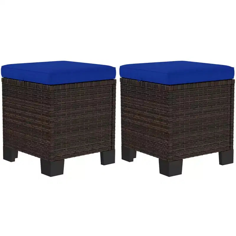 Poufs d'extérieur en osier avec coussins, siège ottoman en rotin PE, repose-pieds et table d'appoint pour jardin, piscine