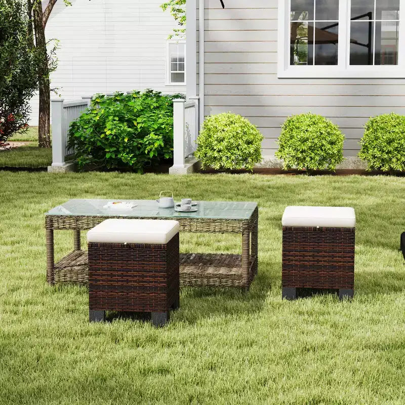 Wicker Outdoor Ottomans with Cushions, PE Rattan Ottoman Seat, Footrest and Side Table for Backyard, Poolside