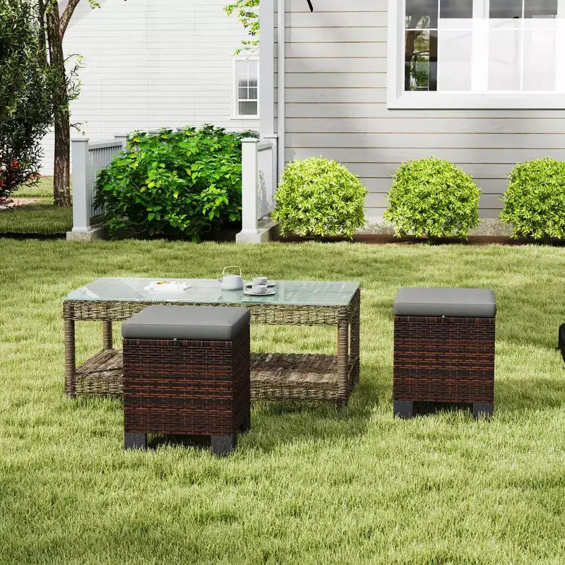 Poufs d'extérieur en osier avec coussins, siège ottoman en rotin PE, repose-pieds et table d'appoint pour jardin, piscine