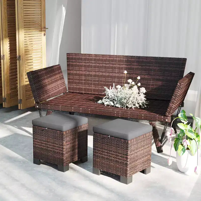 Poufs d'extérieur en osier avec coussins, siège ottoman en rotin PE, repose-pieds et table d'appoint pour jardin, piscine