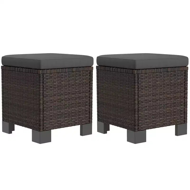 Poufs d'extérieur en osier avec coussins, siège ottoman en rotin PE, repose-pieds et table d'appoint pour jardin, piscine