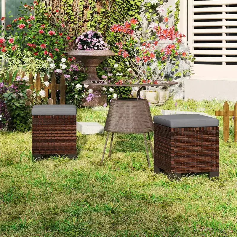 Wicker Outdoor Ottomans with Cushions, PE Rattan Ottoman Seat, Footrest and Side Table for Backyard, Poolside