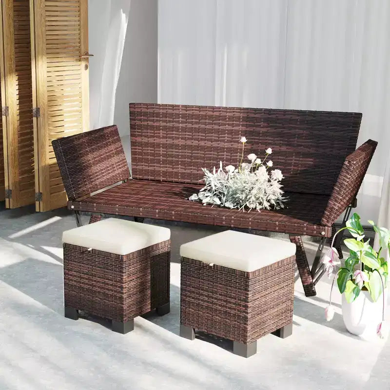 Wicker Outdoor Ottomans with Cushions, PE Rattan Ottoman Seat, Footrest and Side Table for Backyard, Poolside