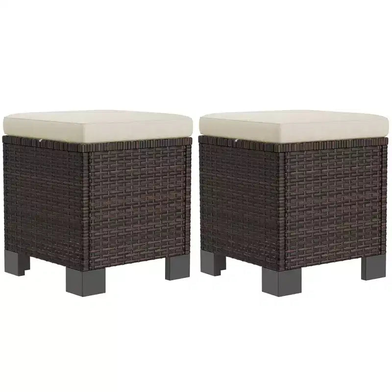 Wicker Outdoor Ottomans with Cushions, PE Rattan Ottoman Seat, Footrest and Side Table for Backyard, Poolside