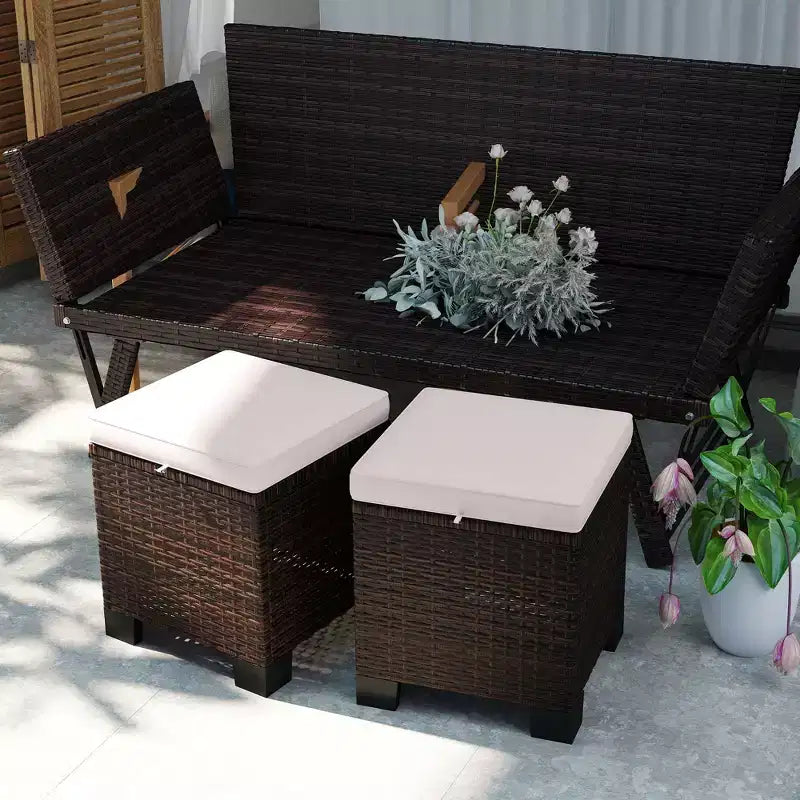 Poufs d'extérieur en osier avec coussins, siège ottoman en rotin PE, repose-pieds et table d'appoint pour jardin, piscine