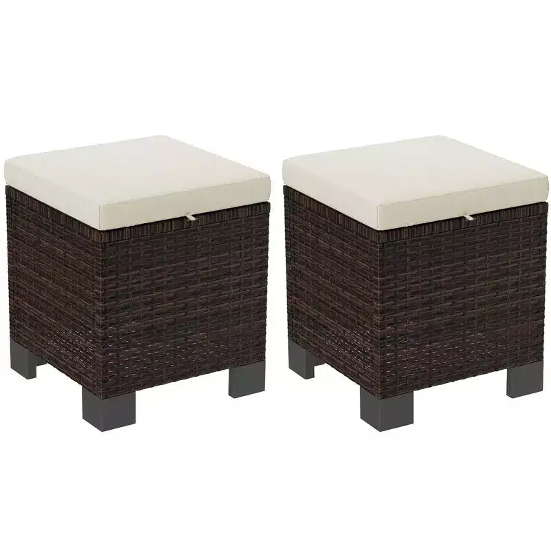 Outsunny 2 Pieces Wicker Outdoor Ottomans with Cushions, 3-in-1 PE Rattan Ottoman Seat, Footrest and Side Table for Backyard, Poolside