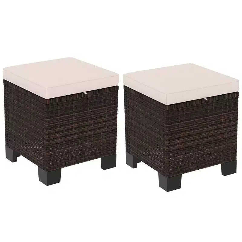 Wicker Outdoor Ottomans with Cushions, PE Rattan Ottoman Seat, Footrest and Side Table for Backyard, Poolside