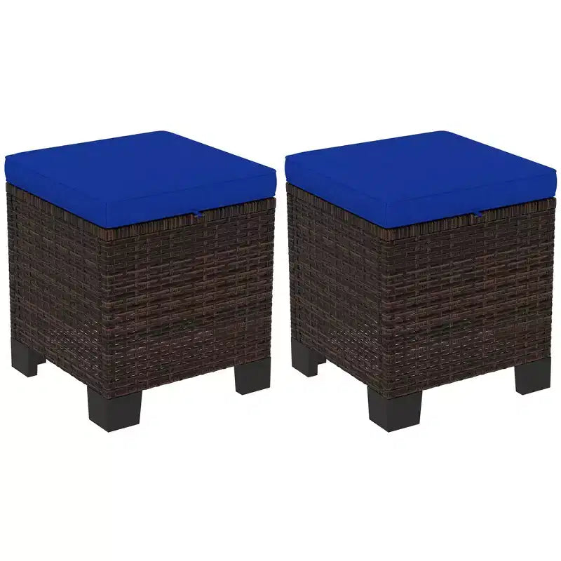 Wicker Outdoor Ottomans with Cushions, PE Rattan Ottoman Seat, Footrest and Side Table for Backyard, Poolside