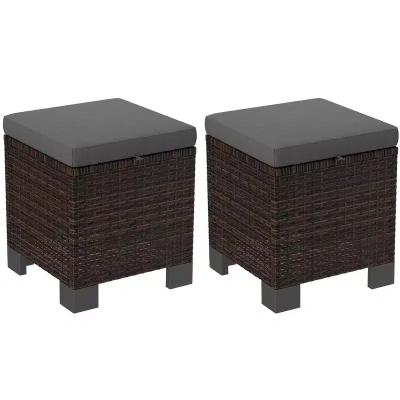 Wicker Outdoor Ottomans with Cushions, PE Rattan Ottoman Seat, Footrest and Side Table for Backyard, Poolside