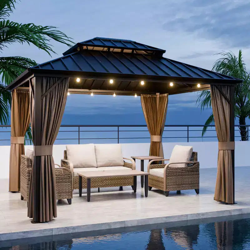 EAGLE PEAK Aluminum Double Hardtop Gazebo with Curtains and Netting