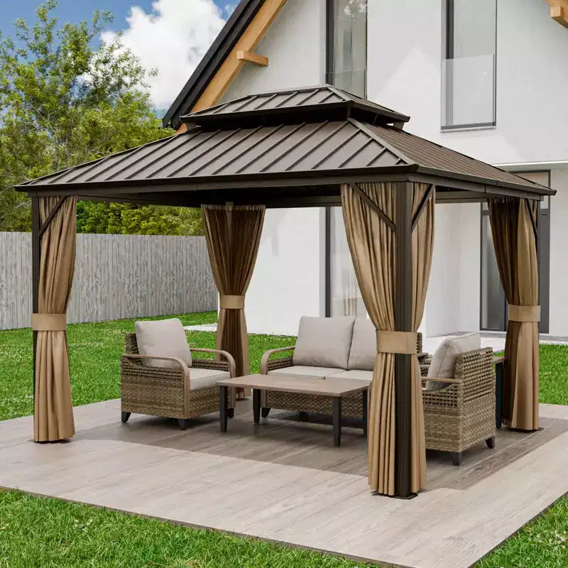 Gazebo double toit rigide en aluminium avec rideaux et moustiquaire