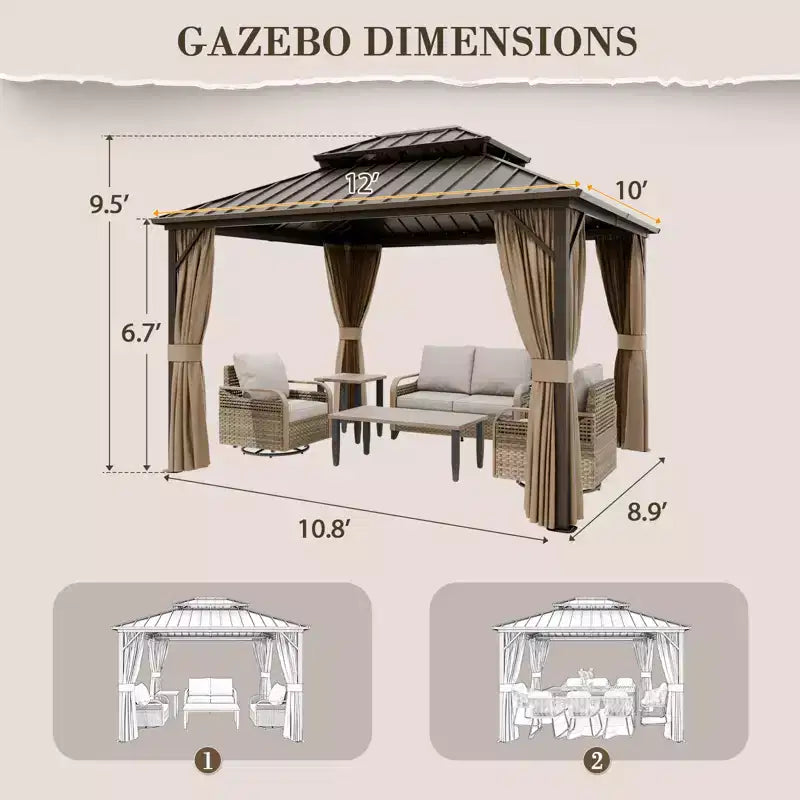 Gazebo double toit rigide en aluminium avec rideaux et moustiquaire
