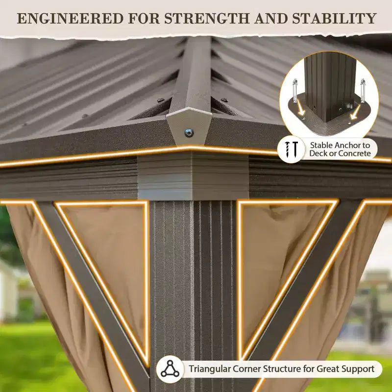 Gazebo double toit rigide en aluminium avec rideaux et moustiquaire