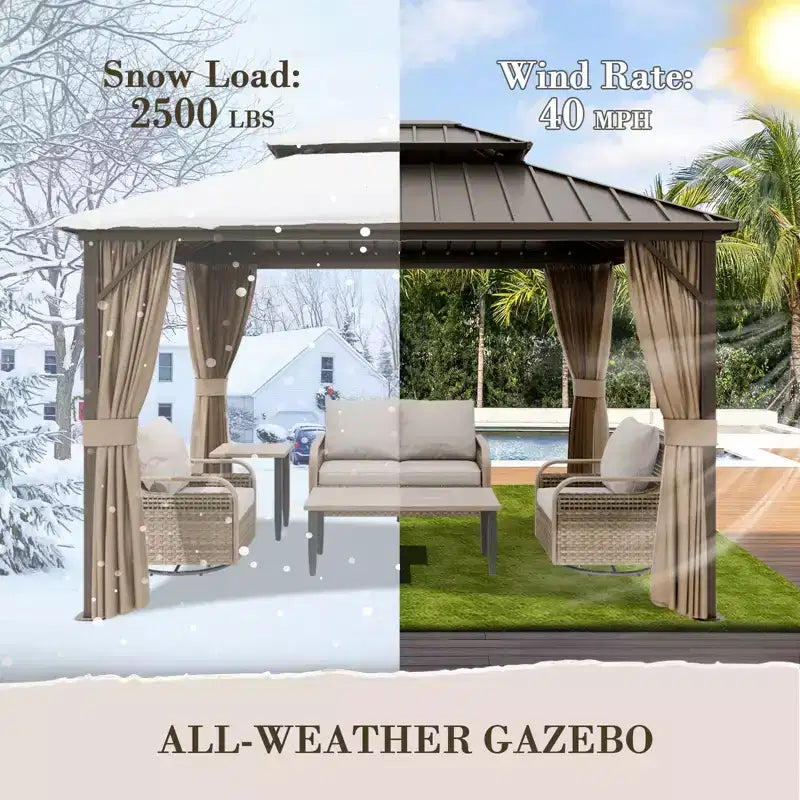 Gazebo double toit rigide en aluminium avec rideaux et moustiquaire