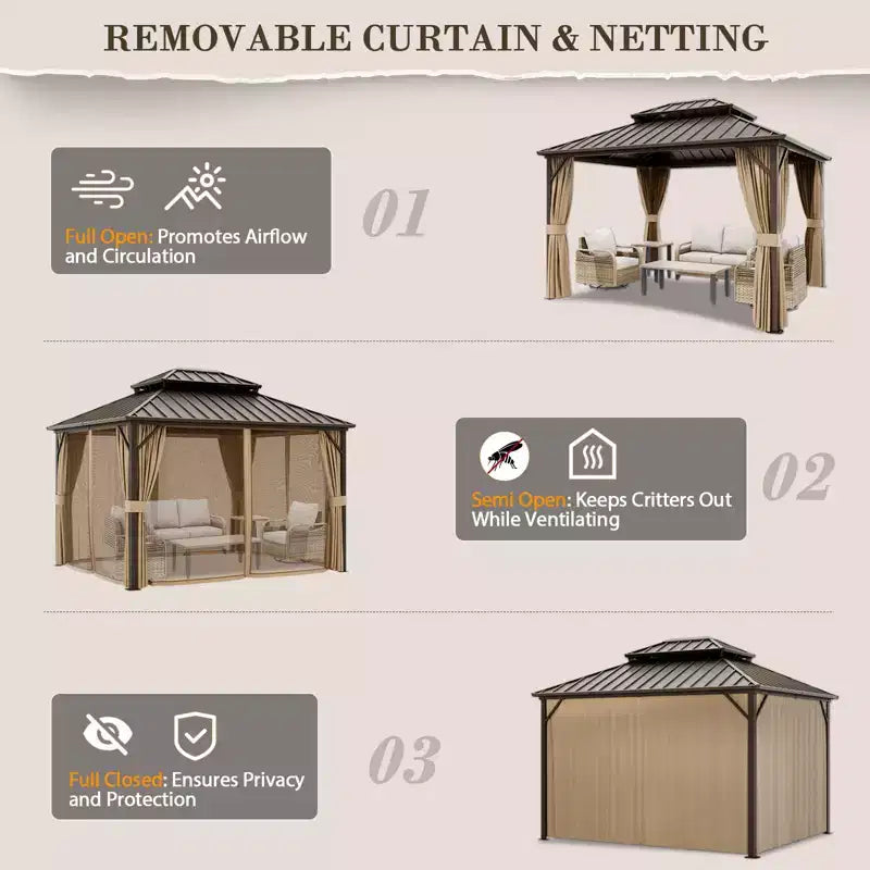 Gazebo double toit rigide en aluminium avec rideaux et moustiquaire