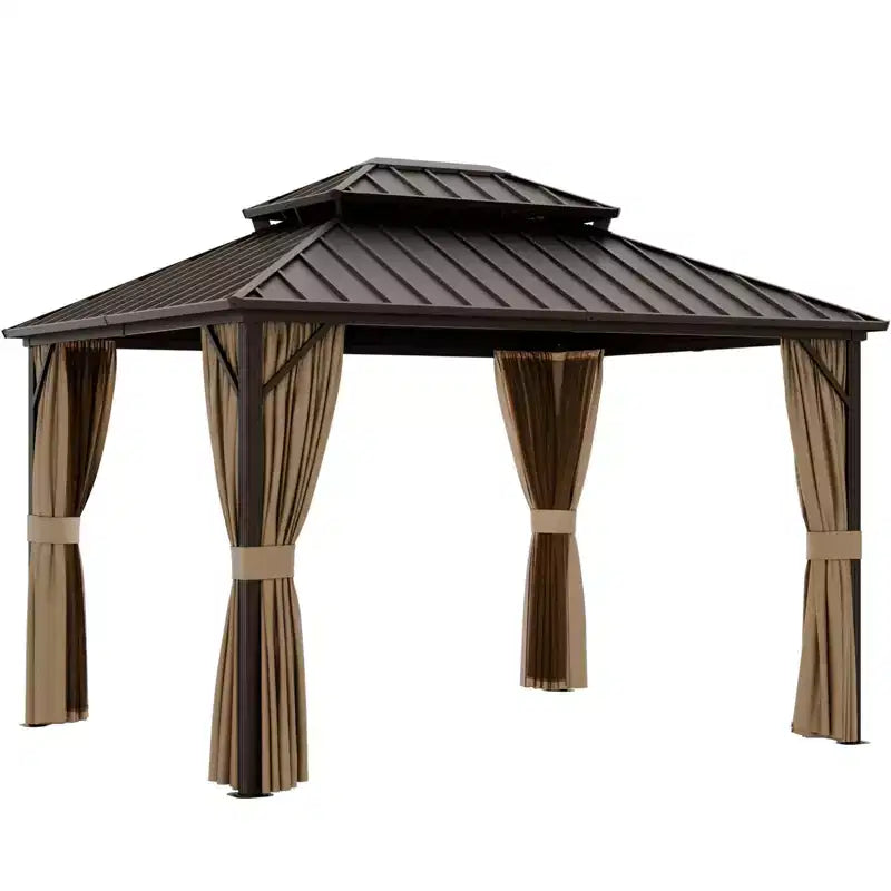 Gazebo double toit rigide en aluminium avec rideaux et moustiquaire