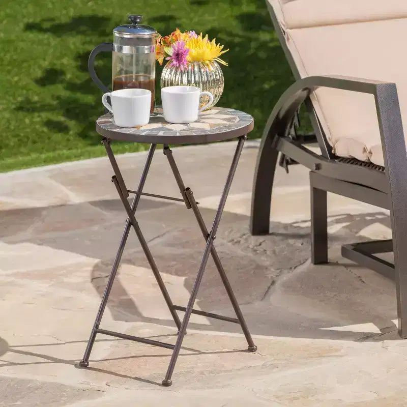 Table d'appoint pliante en pierre pour l'extérieur, beige/noir
