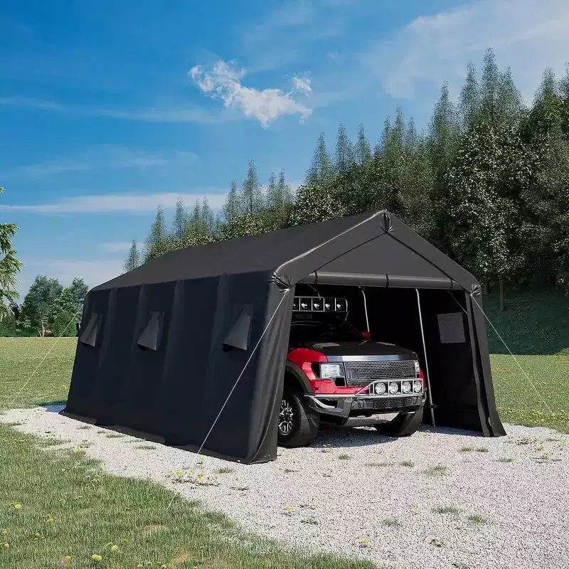 EROMMY Portable Outdoor Storage Shelter, Heavy Duty Carport w/Roll-up Doors & Ventilated Windows, Portable Garage Tent Shelter - 13' x 20' - Black