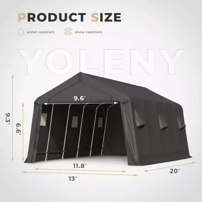 Abri de rangement extérieur portable, Abri de voiture robuste avec portes à enroulement et fenêtres ventilées, Tente de garage portable - 4 m x 6 m - Noir