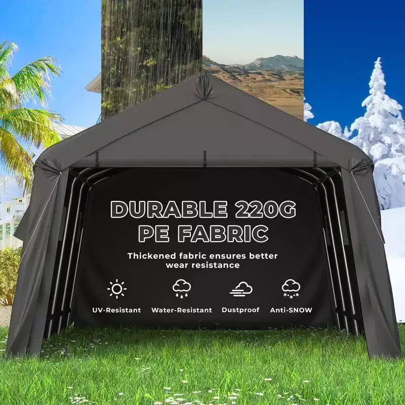 Abri de rangement extérieur portable, Abri de voiture robuste avec portes à enroulement et fenêtres ventilées, Tente de garage portable - 4 m x 6 m - Noir