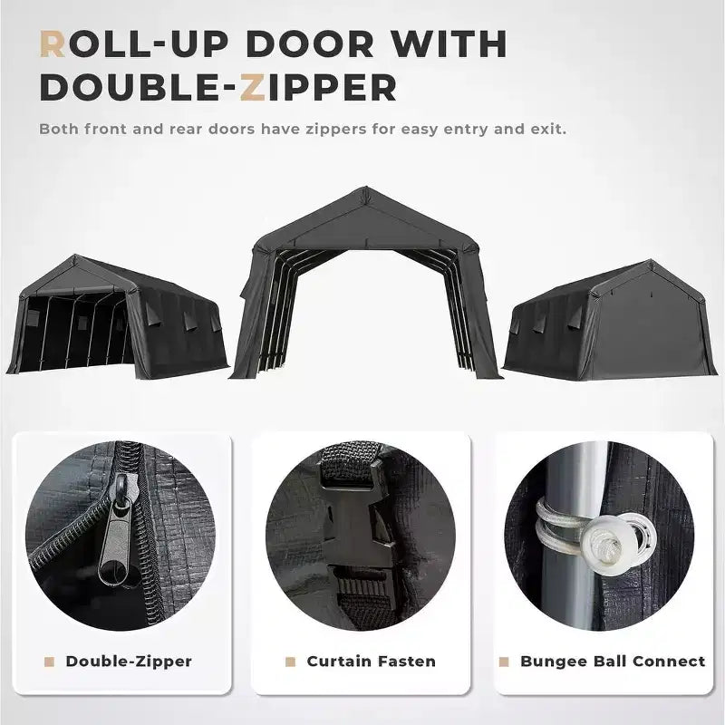 Abri de rangement extérieur portable, Abri de voiture robuste avec portes à enroulement et fenêtres ventilées, Tente de garage portable - 4 m x 6 m - Noir