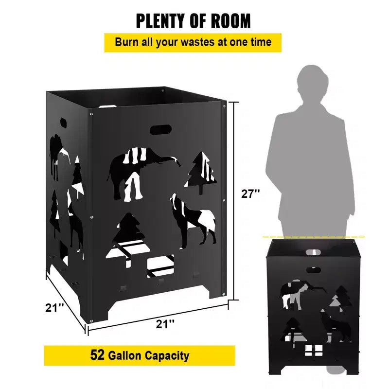 Baril Incinérateur, Cage de Combustion 21x21x27 pouces, Incinérateur en Acier au Carbone, Baril Incinérateur avec Couvercle et Poignée pour l'Extérieur, Noir