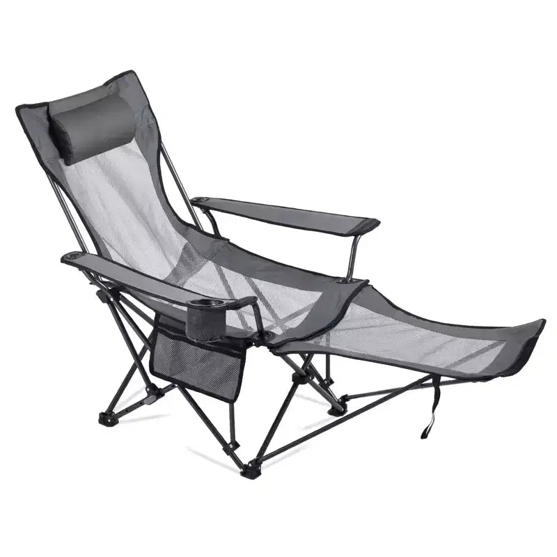 VEVOR Reclining Camping Chair, 4 Adjustable Positions, Portable Folding Lounger for Adults, Mesh Beach Chair with Headrest & Foot Rest, Gray
