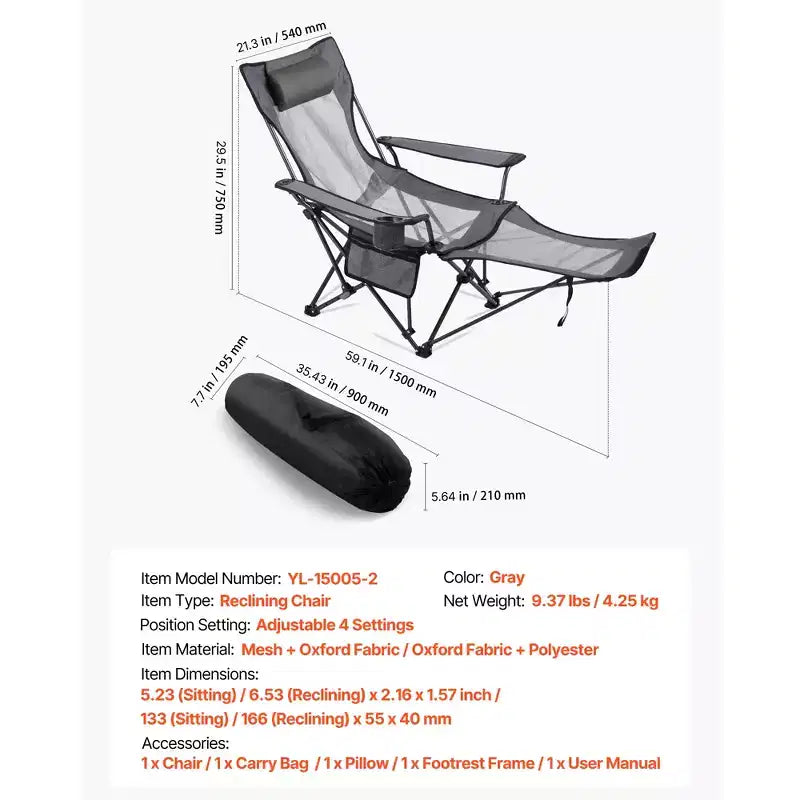 Chaise de camping inclinable, 4 positions réglables