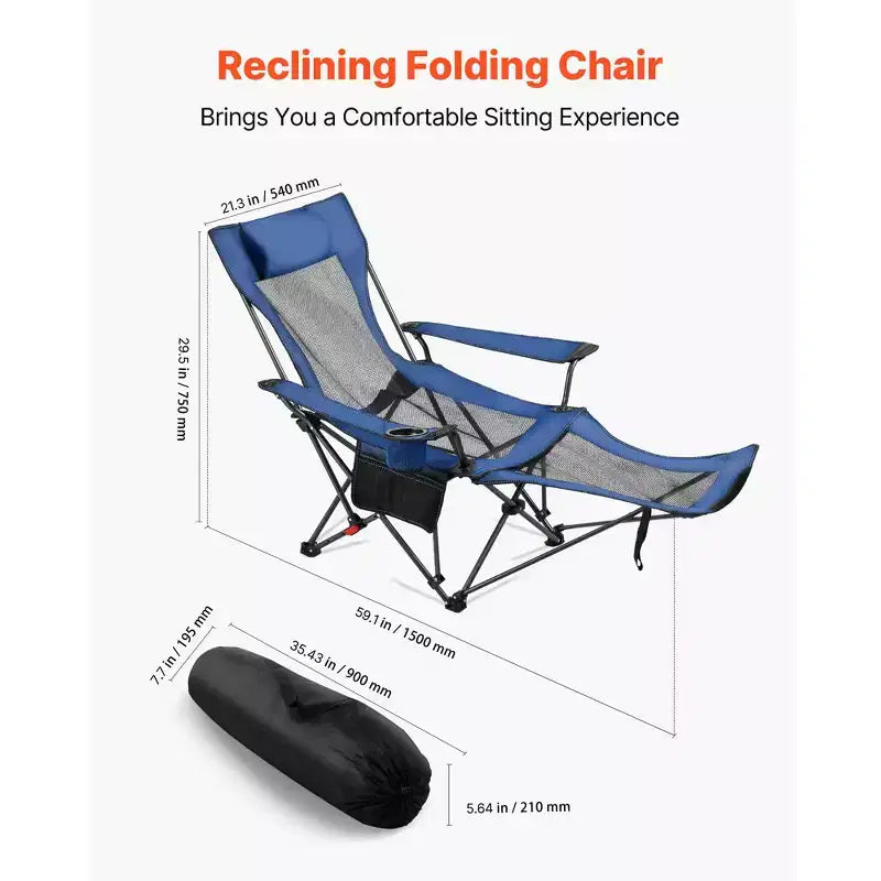 Chaise de camping inclinable, 4 positions réglables, transat pliant portable pour adultes
