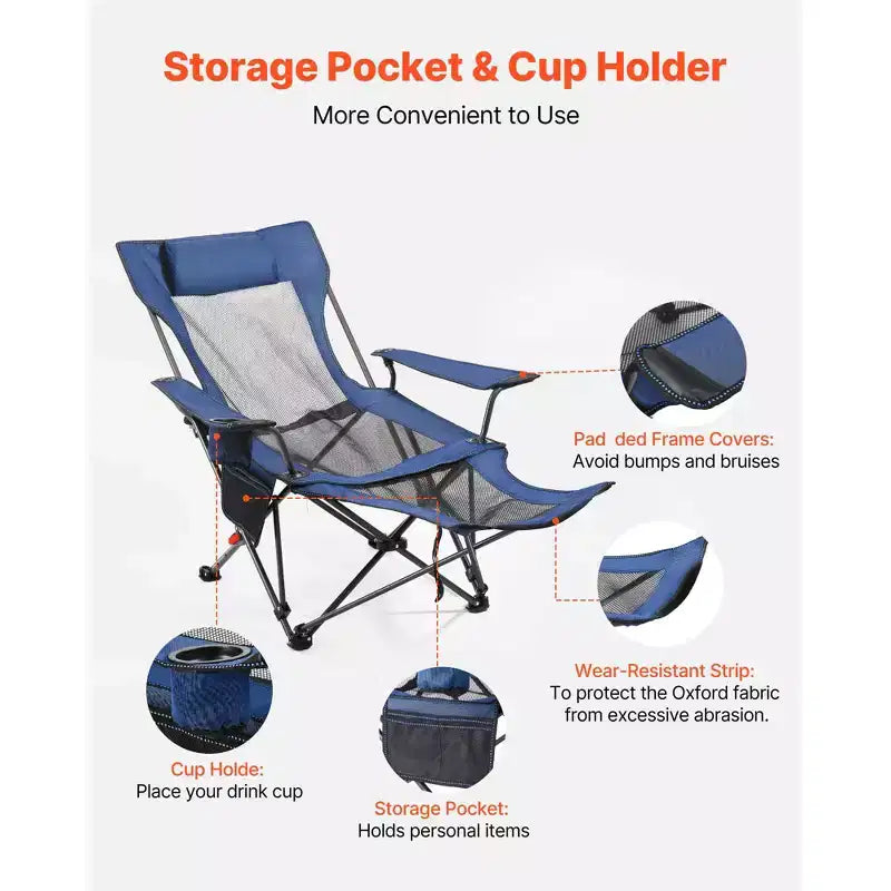 Chaise de camping inclinable, 4 positions réglables, transat pliant portable pour adultes