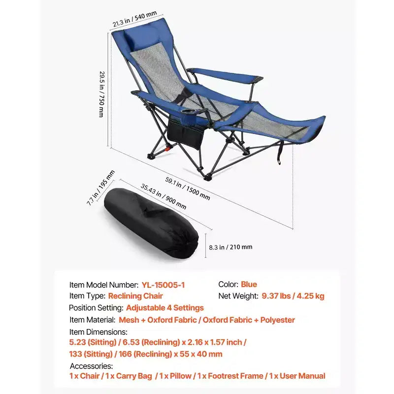 Chaise de camping inclinable, 4 positions réglables, transat pliant portable pour adultes