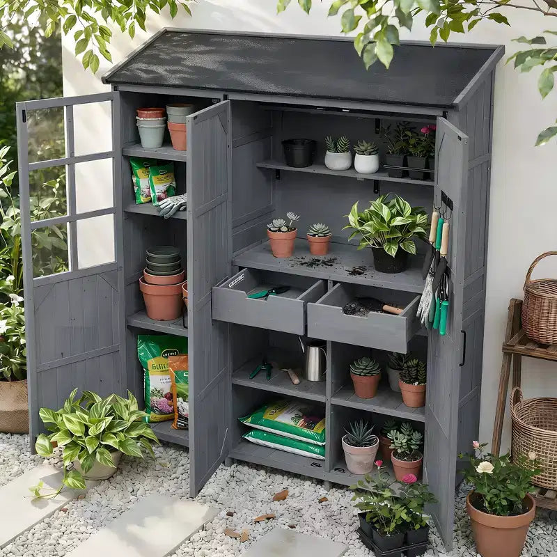 Abri de jardin 3 portes avec toit étanche, établi et 7 étagères