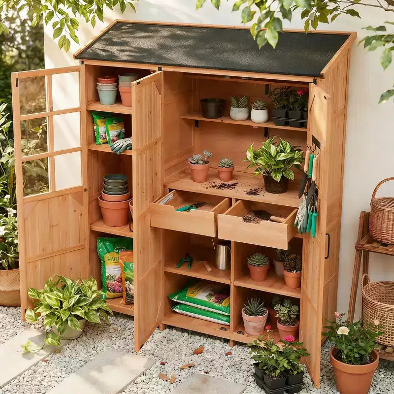 Abri de jardin 3 portes avec toit étanche, établi et 7 étagères