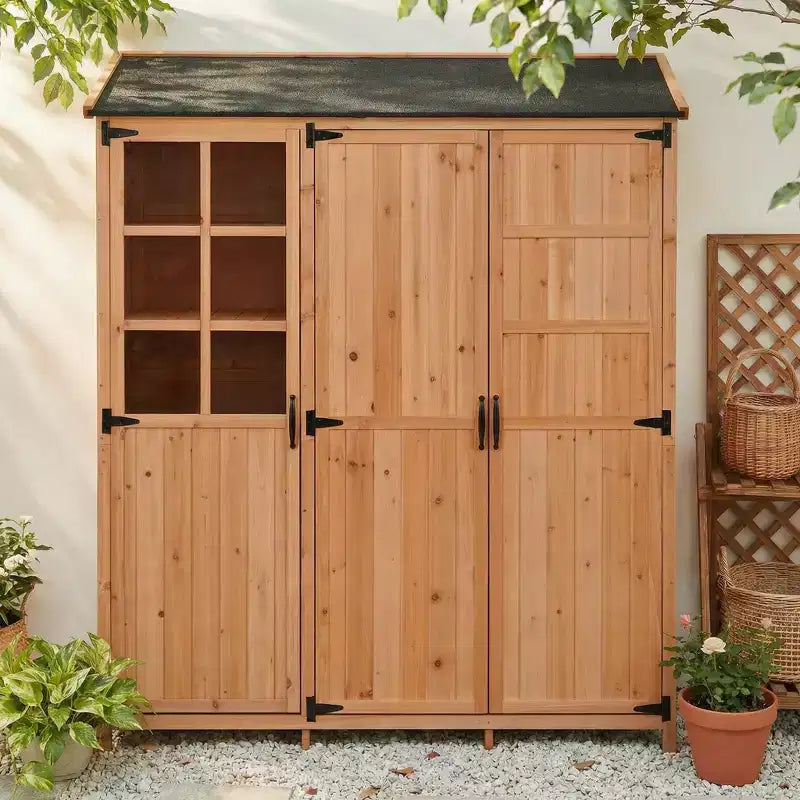 Abri de jardin 3 portes avec toit étanche, établi et 7 étagères