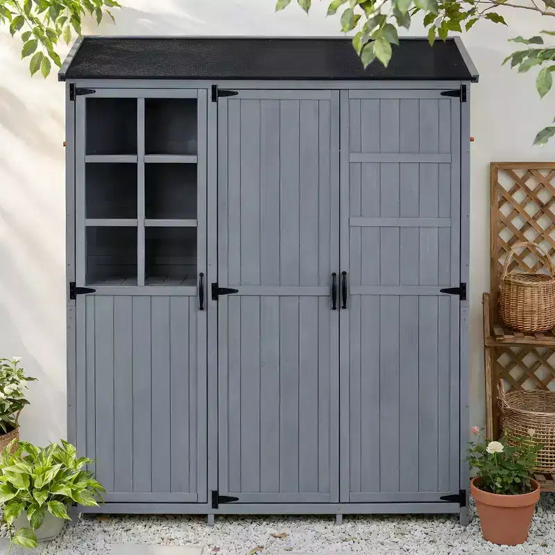 GDFStudio Riley Patio 3-Door Garden Shed with Waterproof Roof, Workstation and 7 Shelves