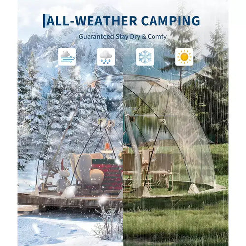 Tente bulle transparente tout temps, dôme transparent 3,6x3,6 m, imperméable et coupe-vent, montage rapide, capacité 6-10 personnes